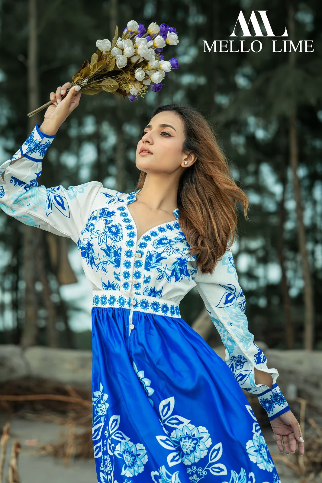 Elegant Blue Floral  Dress