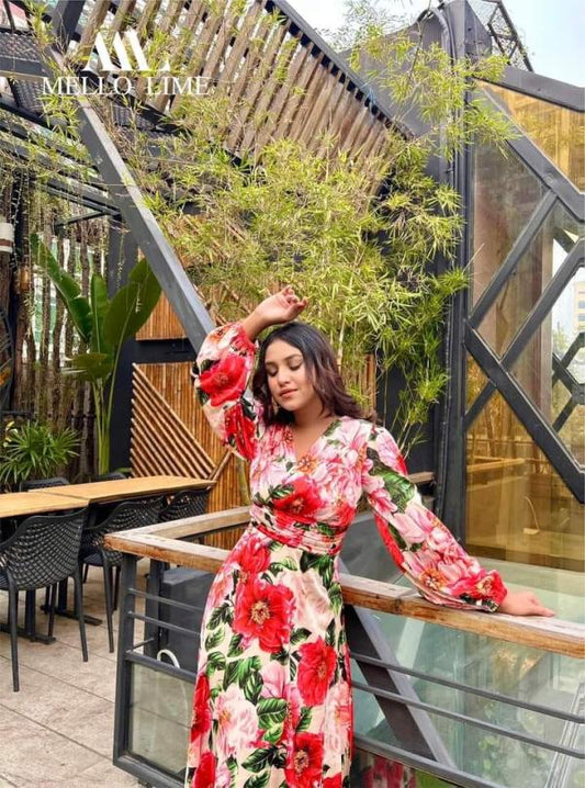 Long Sleeves Floral Printed Midi Dress