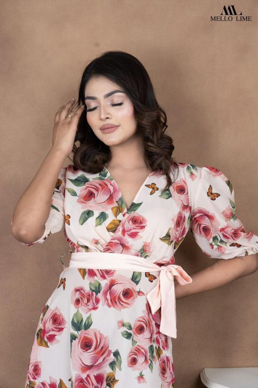 Vacation Slim Casual Midi Rose Print  Dress