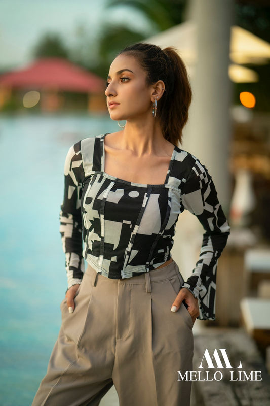 Square Neck Corset Top with Long Sleeves