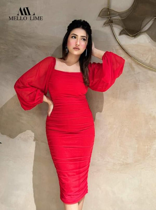 Red color stretchable mash Bodycon dress